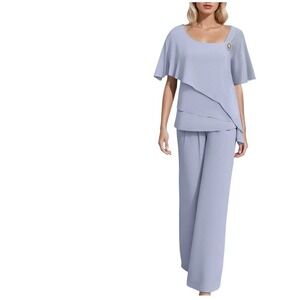 Women's 2 Piece Light Blue Pant Set Formal Asymmetrical Top Wide Leg Pants Large